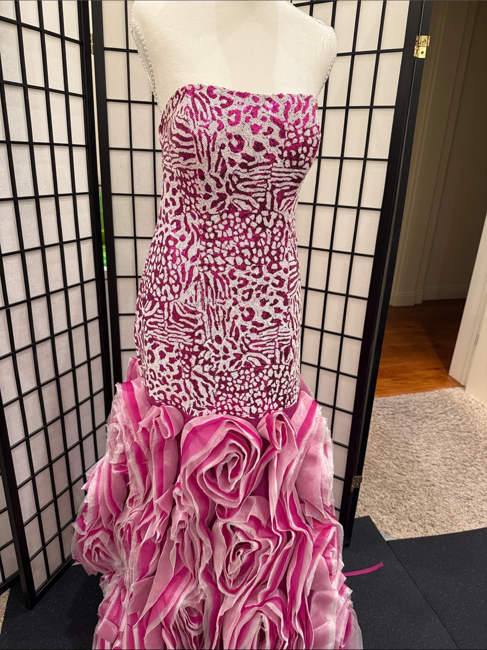 Strapless Pink Ruffled Floral Mermaid formal Dress